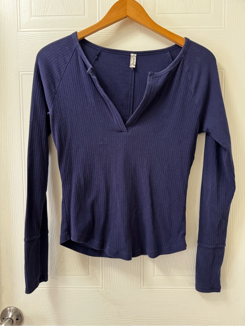 FP Movement by Free People Navy Ribbed Long Sleeve Notch Tee